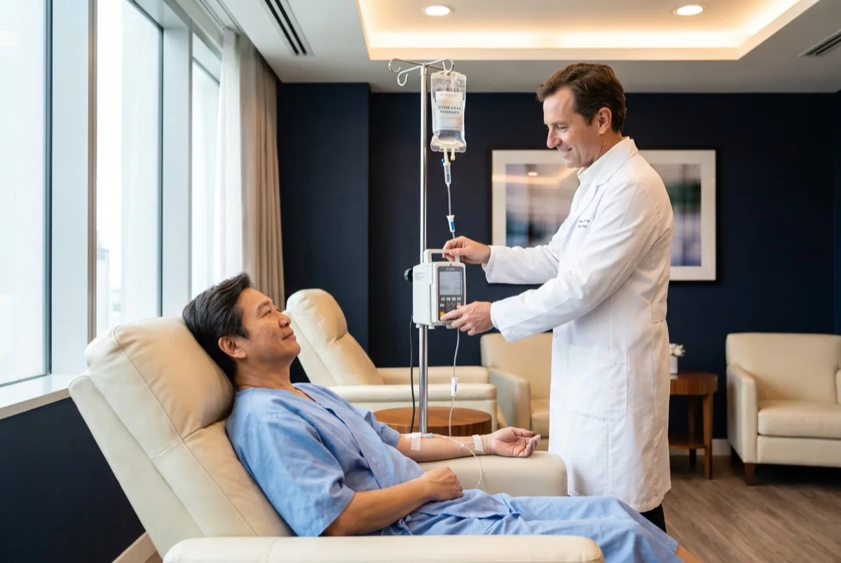 Doctor administering stem cell treatment in a licensed clinical setting